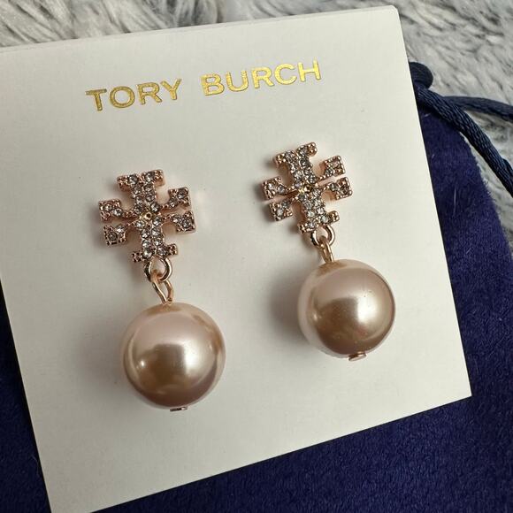 Tory Burch Kira Pave Rose Gold Rhinestone Logo Dangle Pearl Earrings Dustbag NEW - Picture 3 of 6